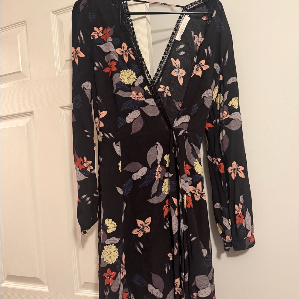 Astr Black Floral Wrap Dress with Lace Trim